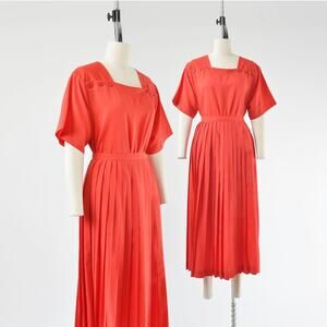 Vintage 80s Red Top and Pleated Midi Skirt Two Piece Set size M